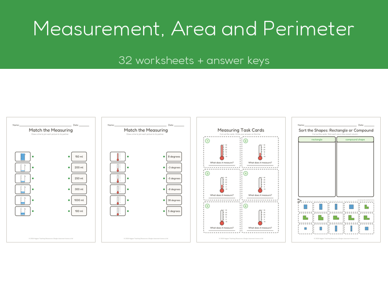 Measurement, Area and Perimeter | 32 No-Prep Worksheets + Answer Keys
