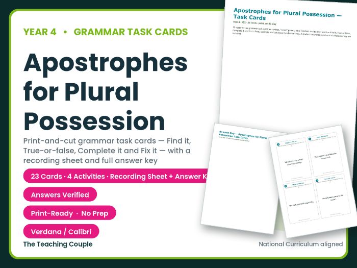 Year 4 Apostrophes for Plural Possession Task Cards