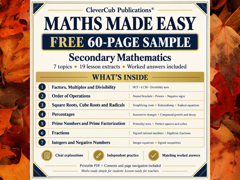 FREE Secondary Maths Worksheets: Fractions, Percentages, Roots & More | 60 Pages with Worked Answers