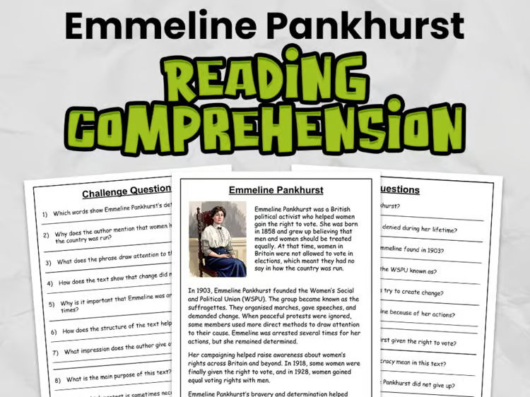 Emmeline Pankhurst Reading Comprehension for Gr 3 - 5 | Women's History Month