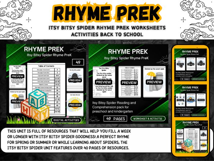 Itsy Bitsy Spider Rhyme PreK worksheets for kids back to school