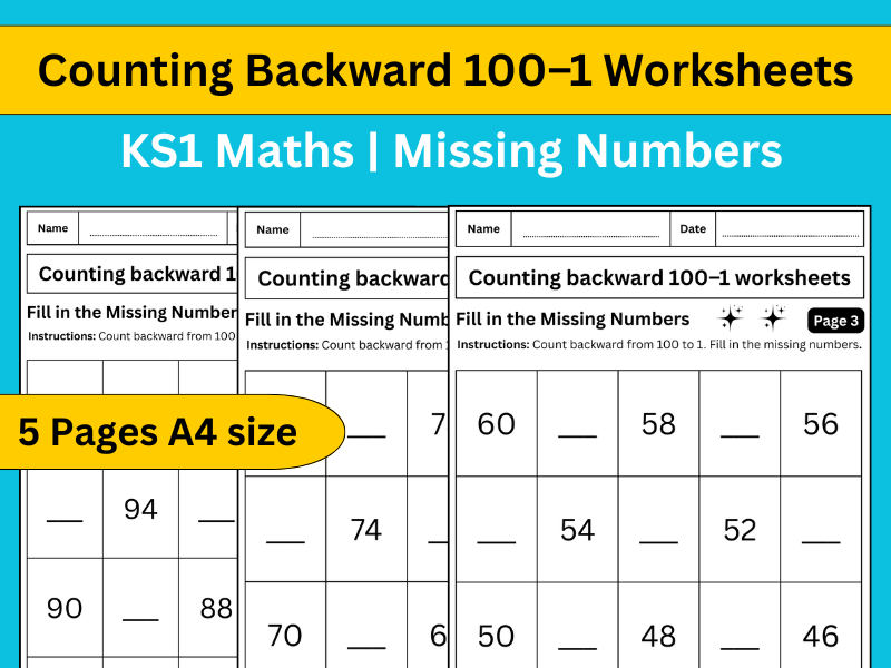 Counting Backward 100–1 Worksheets | KS1 Maths | Missing Numbers