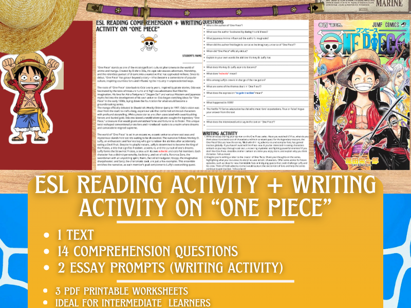 ESL Reading Comprehension + Writing Activity Worksheets on "One Piece"