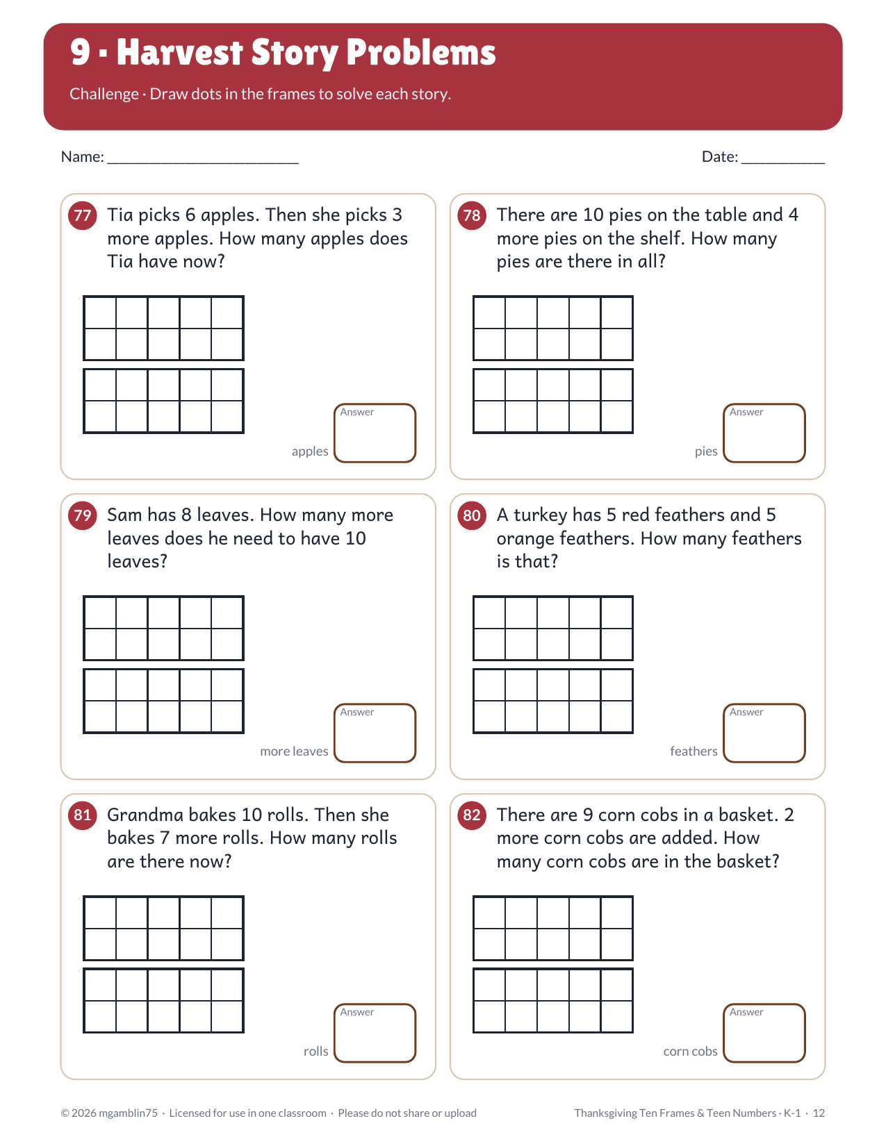 Thanksgiving ten frames & teen numbers worksheets K-1 math | Teaching ...