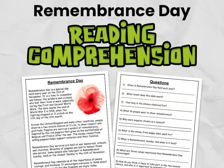 Remembrance Day Reading Comprehension for KS2 | Guided Reading Task