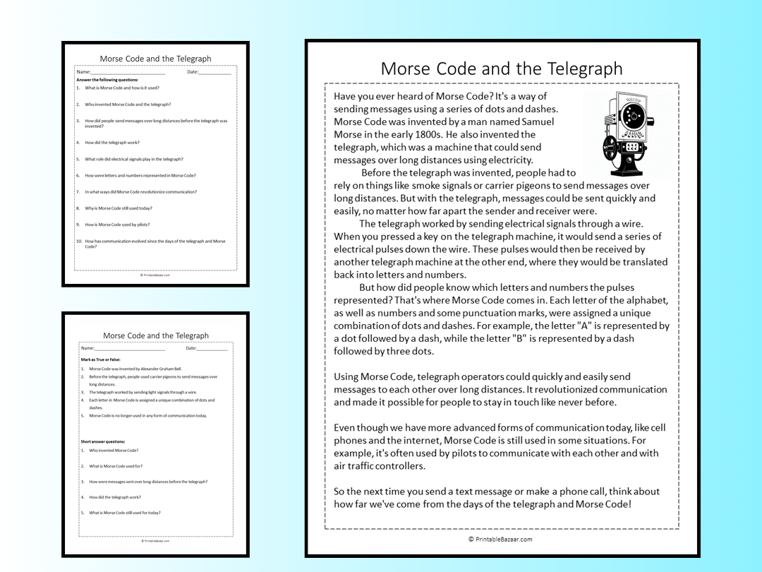 Morse Code and the Telegraph Reading Comprehension Passage Printable Worksheet