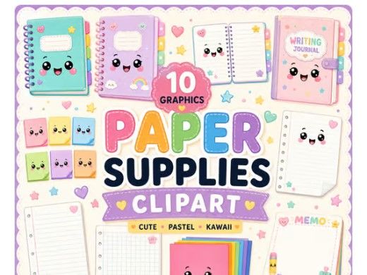 Paper Supplies Clipart PASTEL Notebook, Paper & Sticky Note Graphics