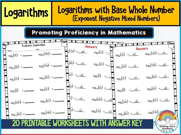 Logarithm with Base Whole Numbers (Exponent as Negative Mixed Number) Worksheets