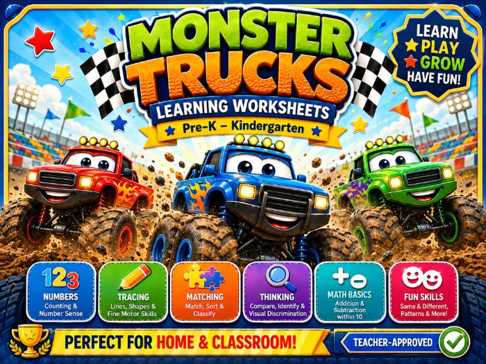Monster Truck Worksheets for Pre-K & Kindergarten | Math, Tracing, Counting & Matching Activities