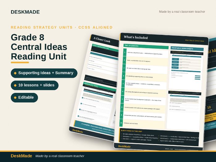 Grade 8 Central Ideas Reading Unit - 10 Lessons Supporting Ideas and Summary