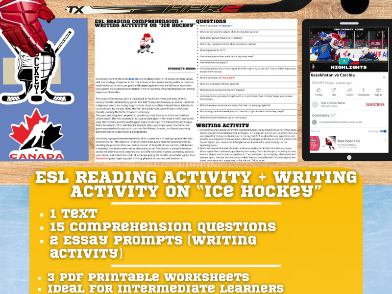 ESL Reading Comprehension + Writing Activity Worksheets on "Ice Hockey"