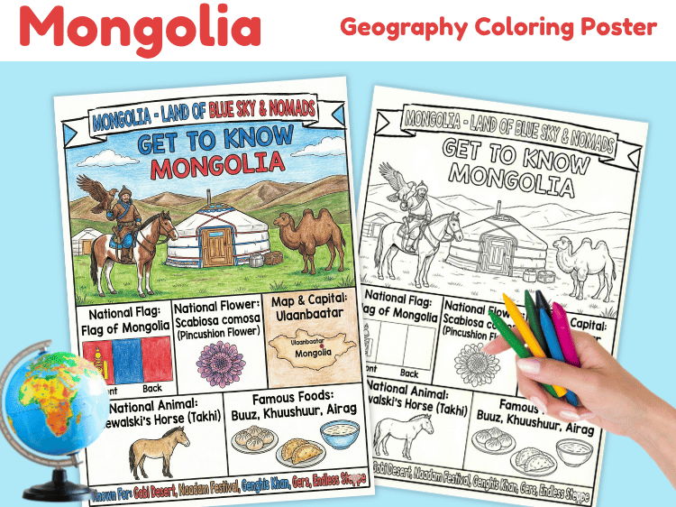 Mongolia Geography Coloring Poster | Country Facts & Map
