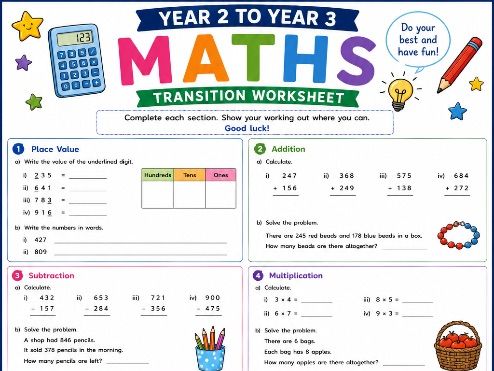 Year 2 to Year 3 Maths Transition Worksheet | End of Year Maths Revision | KS1 to KS2