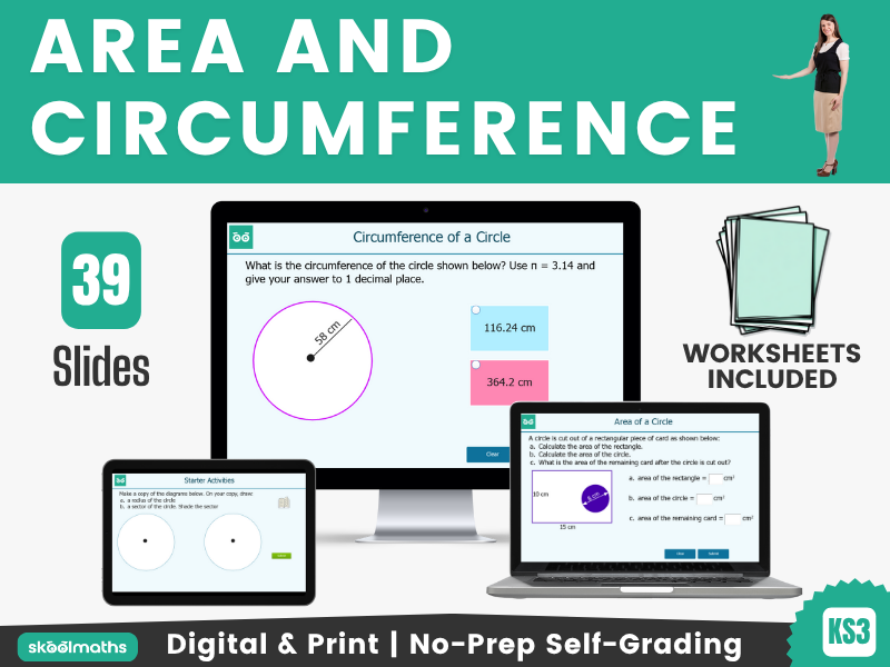 Area and Circumference of a circle -KS3 Digital Maths Lesson with Self-Marking Activities