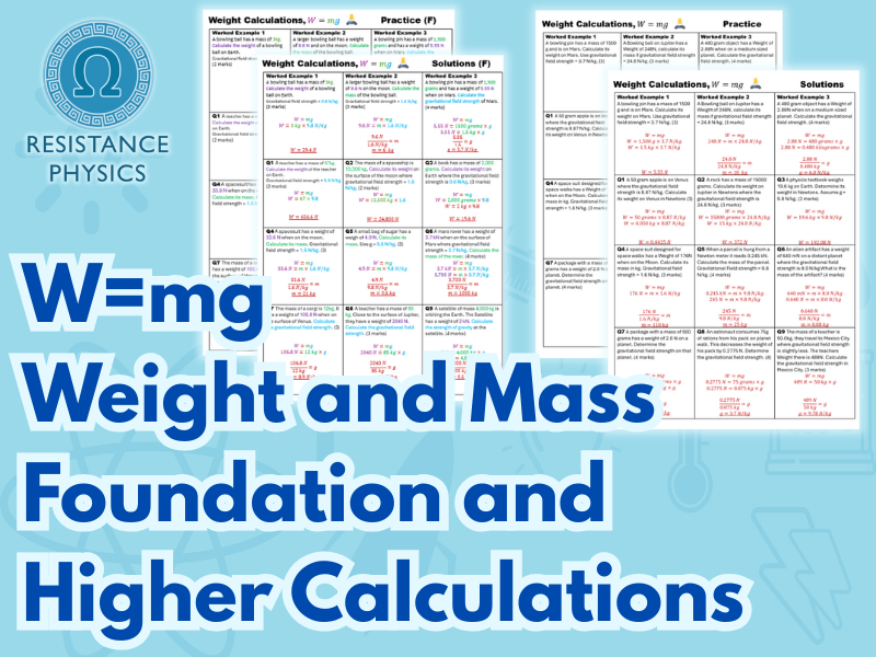Weight, W=mg Foundation and Higher Tier Calculation Worksheets