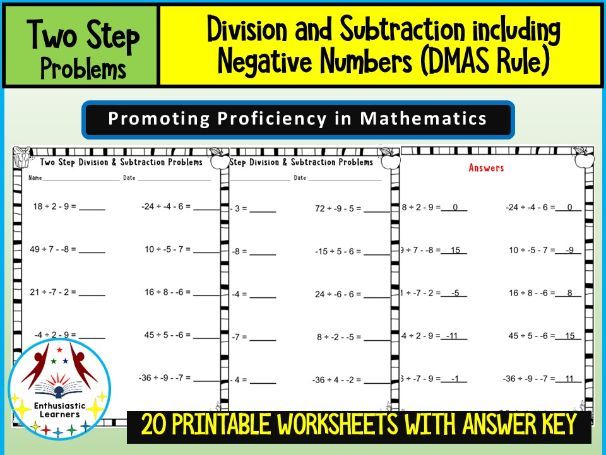 Two-Step Division and Subtraction with Negative Numbers Worksheets Math Problems