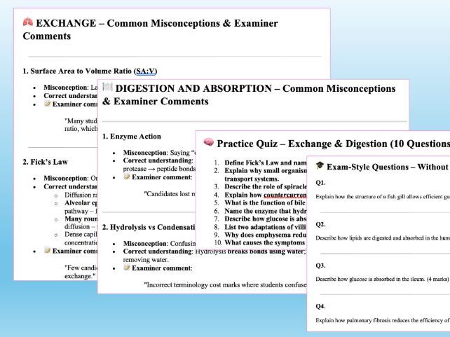 AQA A-Level Biology Common Misconceptions & Practice Chapter 6 Exchange and Digestion