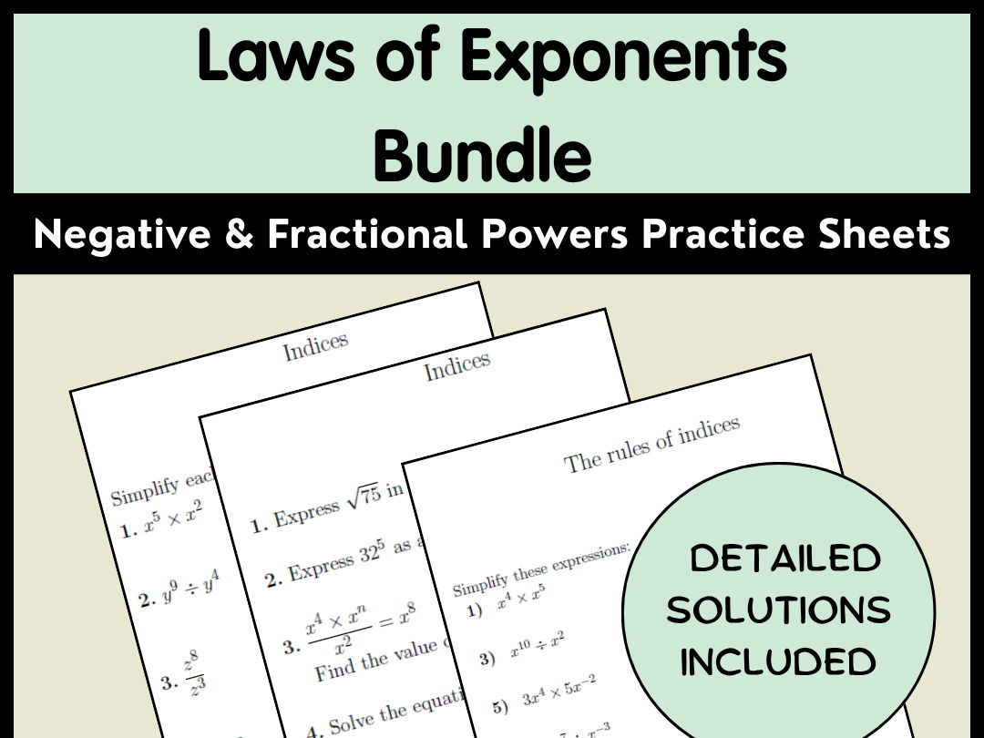 Laws of Exponents Bundle | Negative & Fractional Powers Practice Sheets