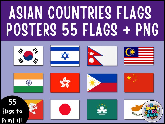 Asian Countries Flags Printable Posters 55 Flags PNG Classroom Decor Learning.