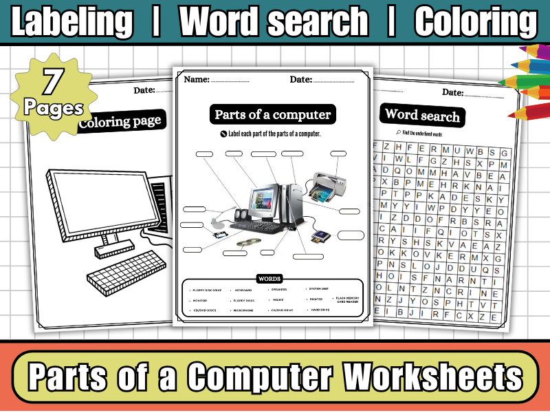 Parts of a Computer Labeling Diagram,Word Search,Coloring,Worksheets,Anatomy-Science Technology