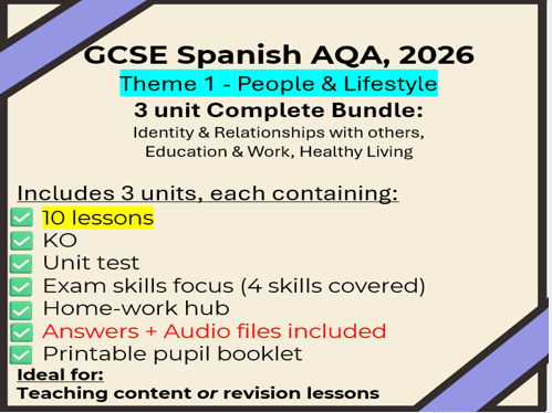 GCSE Spanish Theme 1: 30 lessons + extras (Identity, Education & Work, Healthy Living AQA 2026)
