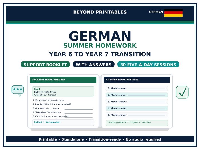 German Summer Homework Booklet – Year 6 to Year 7 Transition SUPPORT with Answers