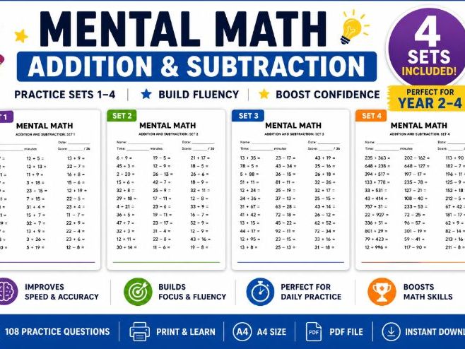 Mental Math Addition & Subtraction Worksheets for students | Practice Sets 1–4