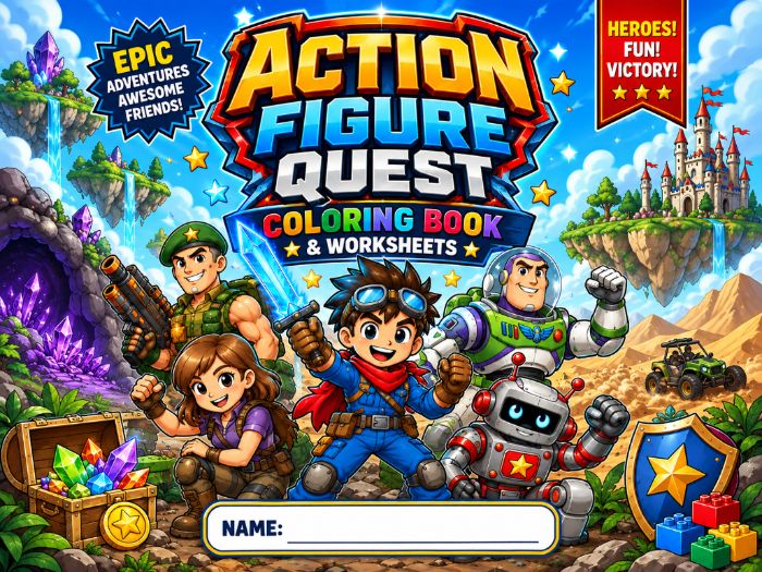 Action Figure Quest Coloring Book & Adventure Worksheets | Kindergarten–3rd Grade