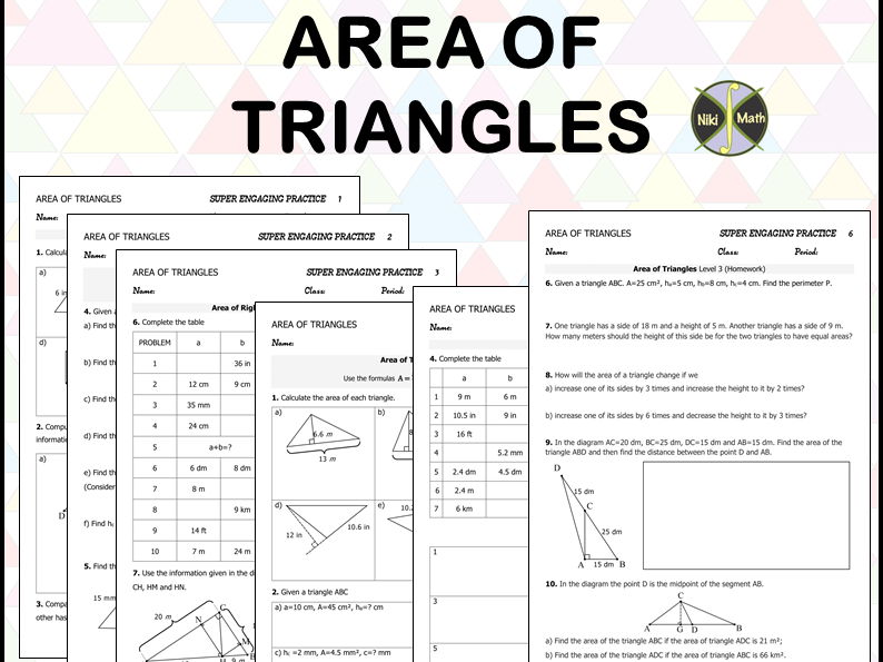 Area of Triangles - Super Engaging Practice & Homework (51 problems)