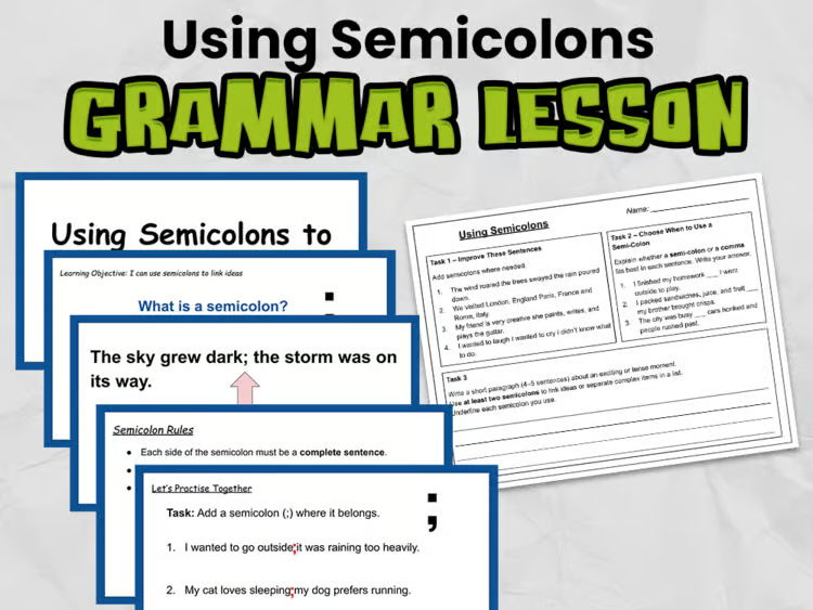 Using Semicolons Grammar Lesson | Slides & Worksheet for Grades 3 -5