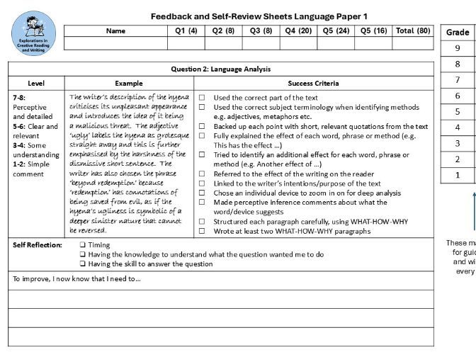 AQA Language Paper 1 Feedback and Self Review Sheets