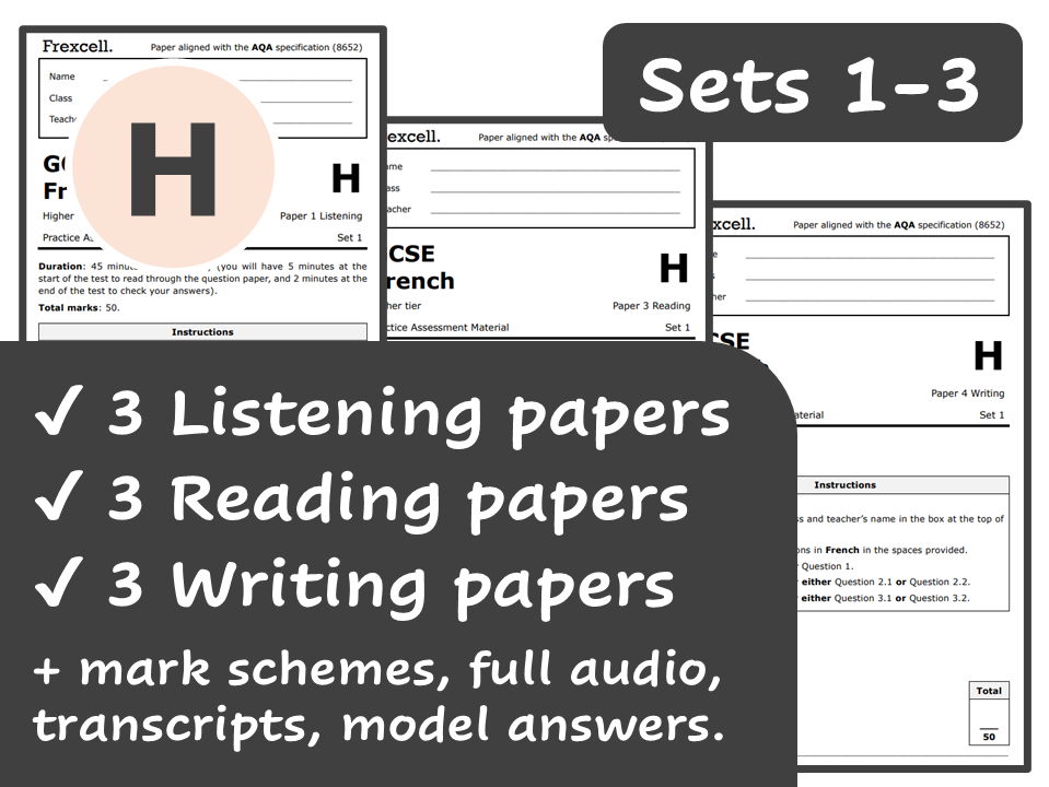AQA GCSE French (2026) – Higher Practice Paper Pack (Sets 1-3)