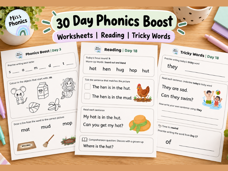 30 Day Phonics Boost Core Bundle | Worksheets, Reading & Flashcards