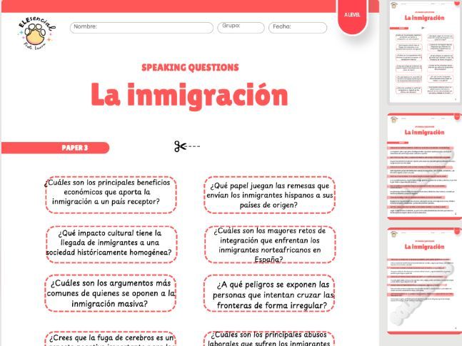 A Level Spanish Speaking Cards: La Inmigración