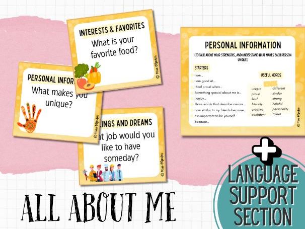 All About Me Speaking Activities – ESL Conversation Cards with Sentence Starters & Vocabulary Suppor