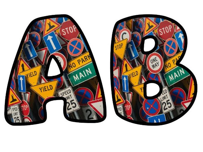 Road Signs Traffic Classroom Display | Lettering Set | Upper & Lowercase, 0-9 and Signs
