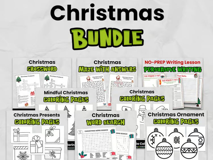 Christmas activities & Coloring page BUNDLE for Elementary | Fun Worksheets