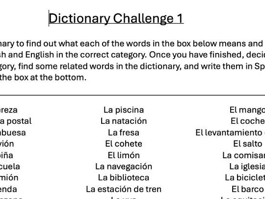 Spanish Dictionary Challenge Worksheets