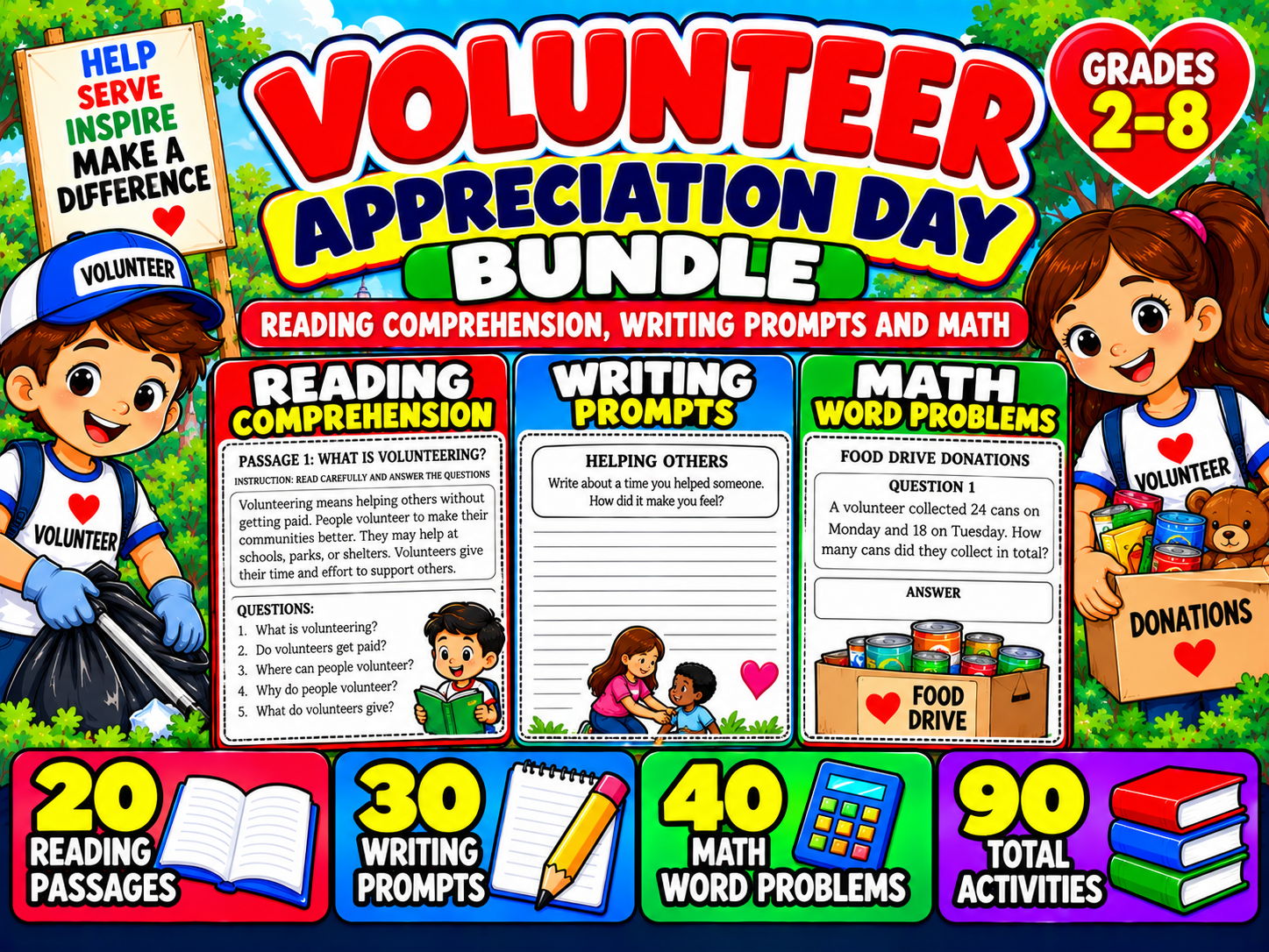 Volunteer Appreciation Day Bundle | Reading Comprehension, Writing Prompts and Math