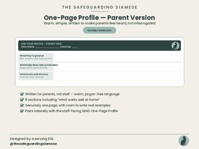 One-Page Profile — Parent Version Warm, Simple SEND & Pastoral Profile for Home (Editable Word)