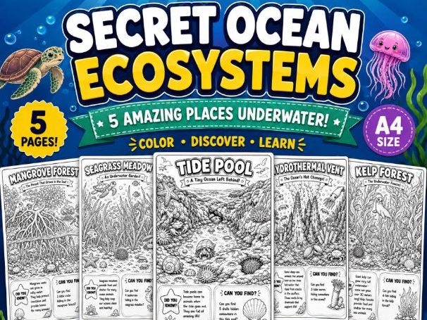 Secret Ocean Ecosystems — 5-Page Coloring & Discovery Pack| K-Grade 2