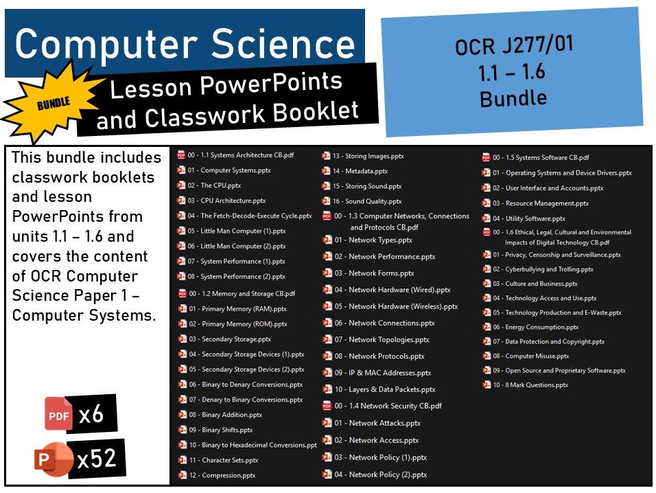 OCR GCSE Computer Science (J277/01) 1.1 - 1.6 Lesson PowerPoints and Classwork Booklet BUNDLE