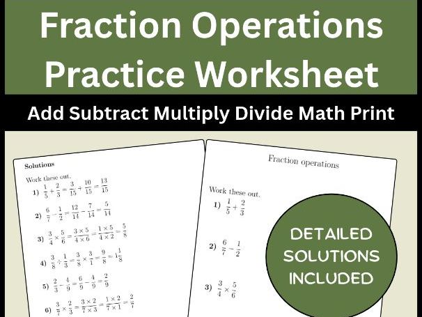 Fraction Operations Practice Worksheet Add Subtract Multiply Divide Math Print