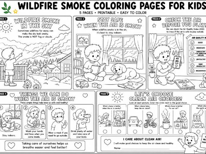 Wildfire Smoke Coloring Pages for Kids | Clean Air & Air Quality Safety Activity (PreK-Grade 3)