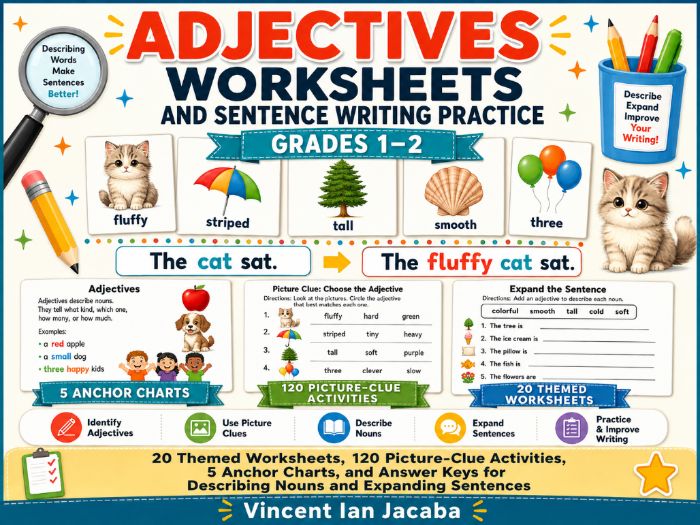 Adjectives Worksheets Grades 1–2 | Describing Words & Sentence Writing Practice