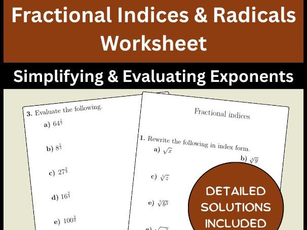 Fractional Indices & Radicals Worksheet | Simplifying & Evaluating Exponents