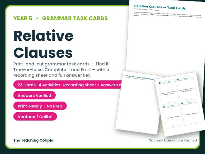Year 5 Relative Clauses Task Cards – 23 Grammar Cards + Answer Key