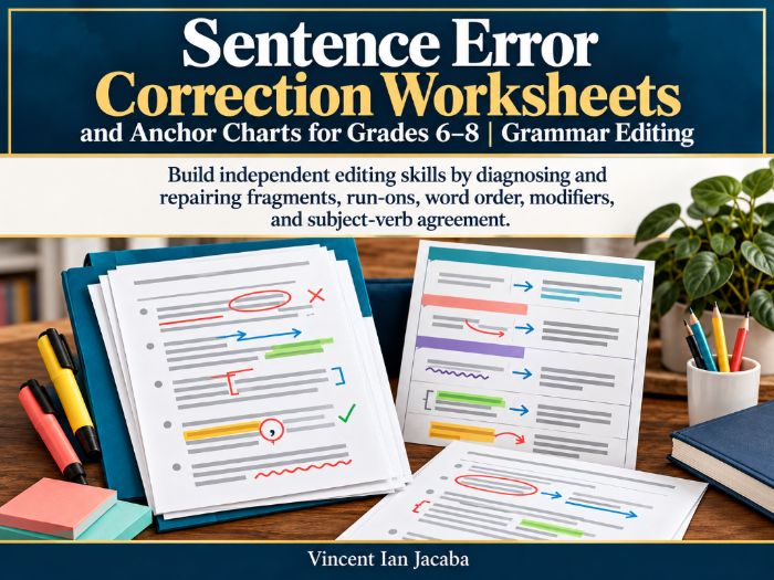 Sentence Error Correction Worksheets & Anchor Charts | KS3 Grammar Editing | Grades 6–8