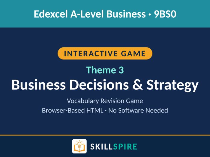 Edexcel A Level Business Revision Game (Theme 3) | Business Decisions & Strategy | Interactive HTML