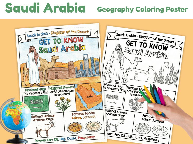 Saudi Arabia Geography Coloring Poster | Country Facts Worksheet